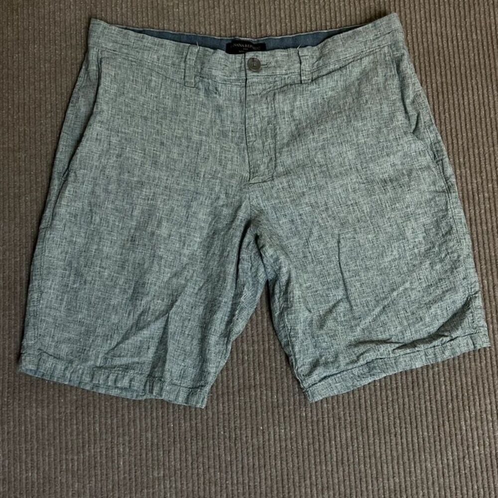 Banana Republic Aiden Short Mens 33 Navy White Linen Cotton Weave 9.5 Inseam